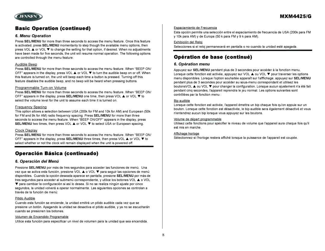 ASA Electronics MXM4425/G Operación Básica continuado, Opération de base continué, Menu Operation, Operación del Menú 