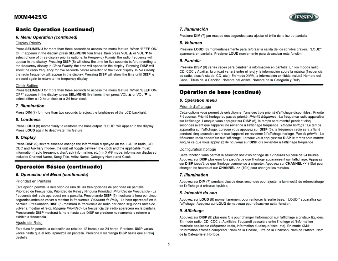 ASA Electronics MXM4425/G Illumination, Loudness, Display, Operación del Menú continuado, Iluminación, Volumen, Pantalla 