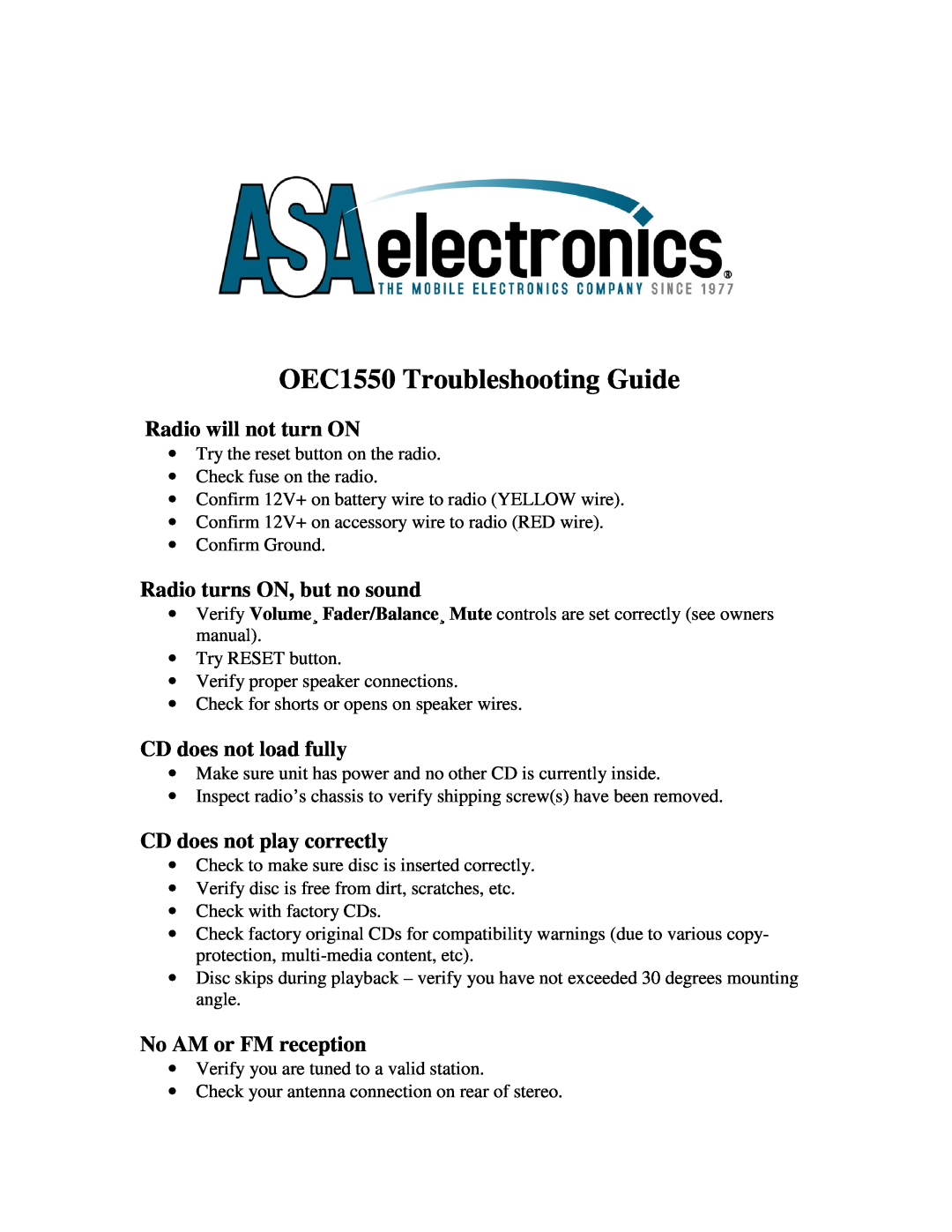 ASA Electronics OEC1550 owner manual Radio will not turn ON, Radio turns ON, but no sound, CD does not load fully 