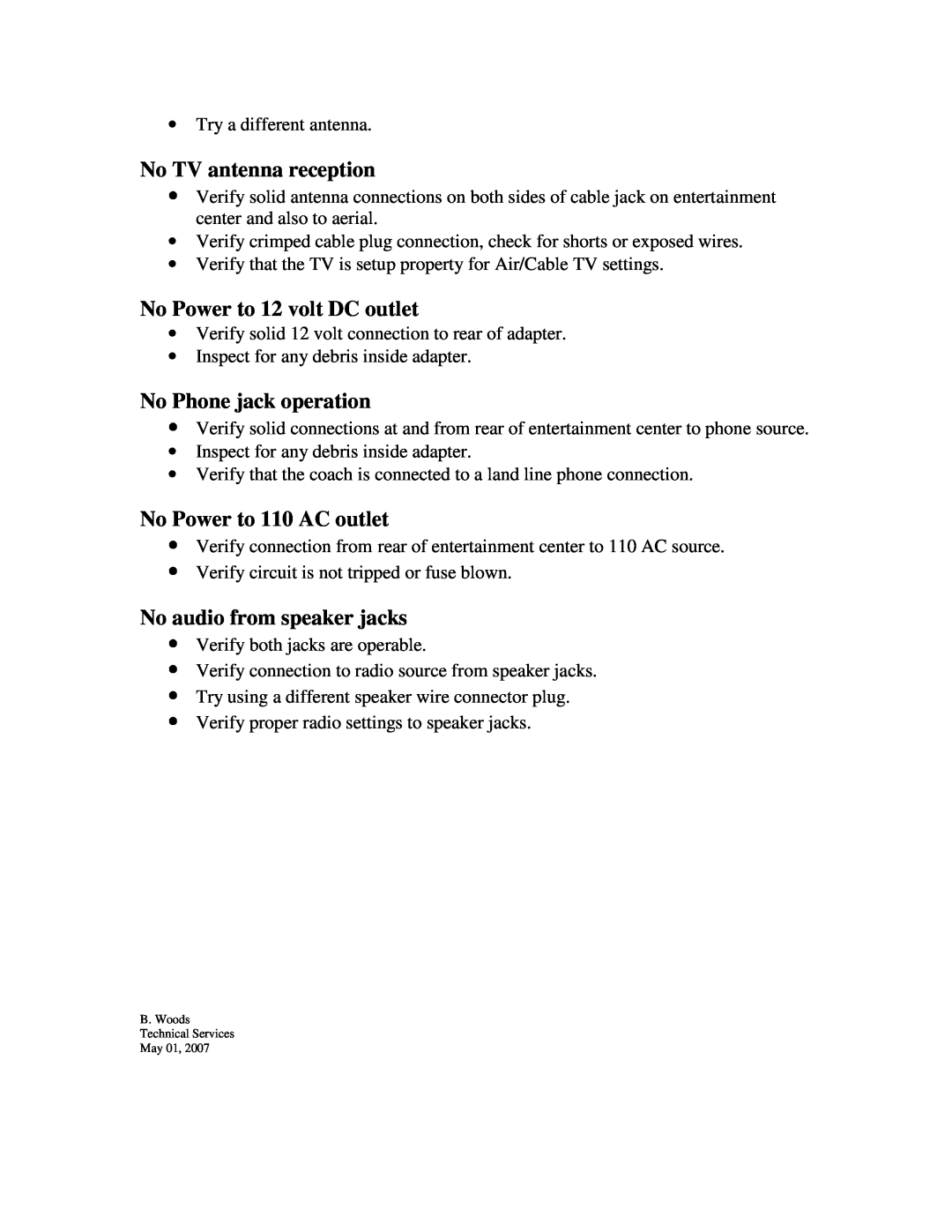 ASA Electronics OEC1550 owner manual No TV antenna reception, No Power to 12 volt DC outlet, No Phone jack operation 