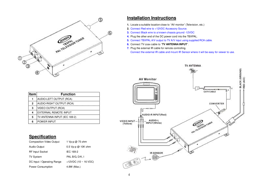 ASA Electronics Universal Remote manual Installation Instructions, Specification, Function 