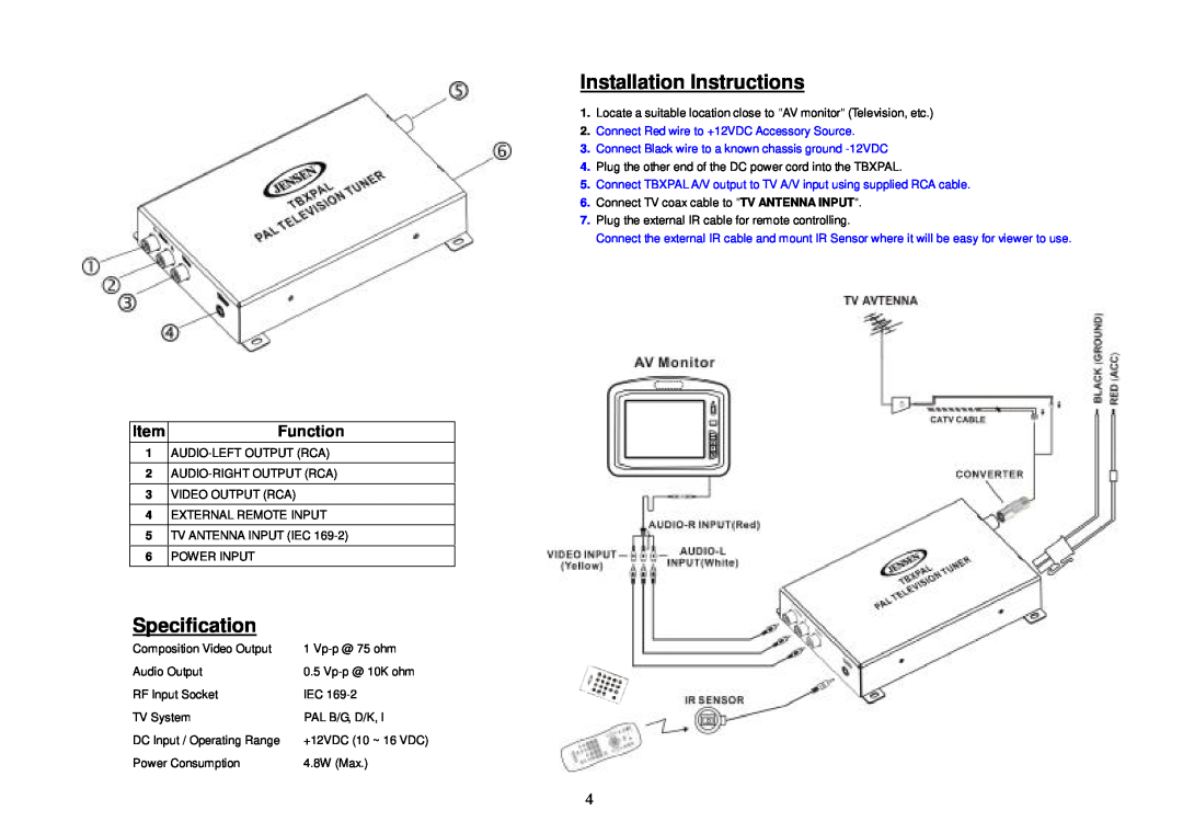 ASA Electronics Universal Remote manual Installation Instructions, Specification, Function 