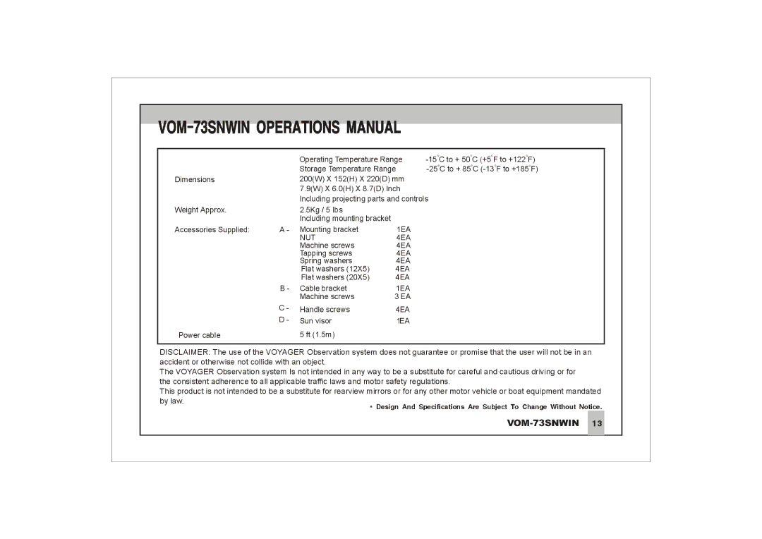 ASA Electronics VOM-73SNWIN manual 