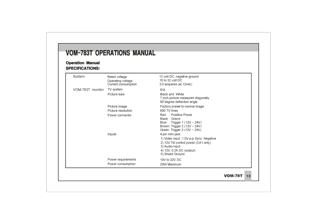 ASA Electronics VOM-783T manual 