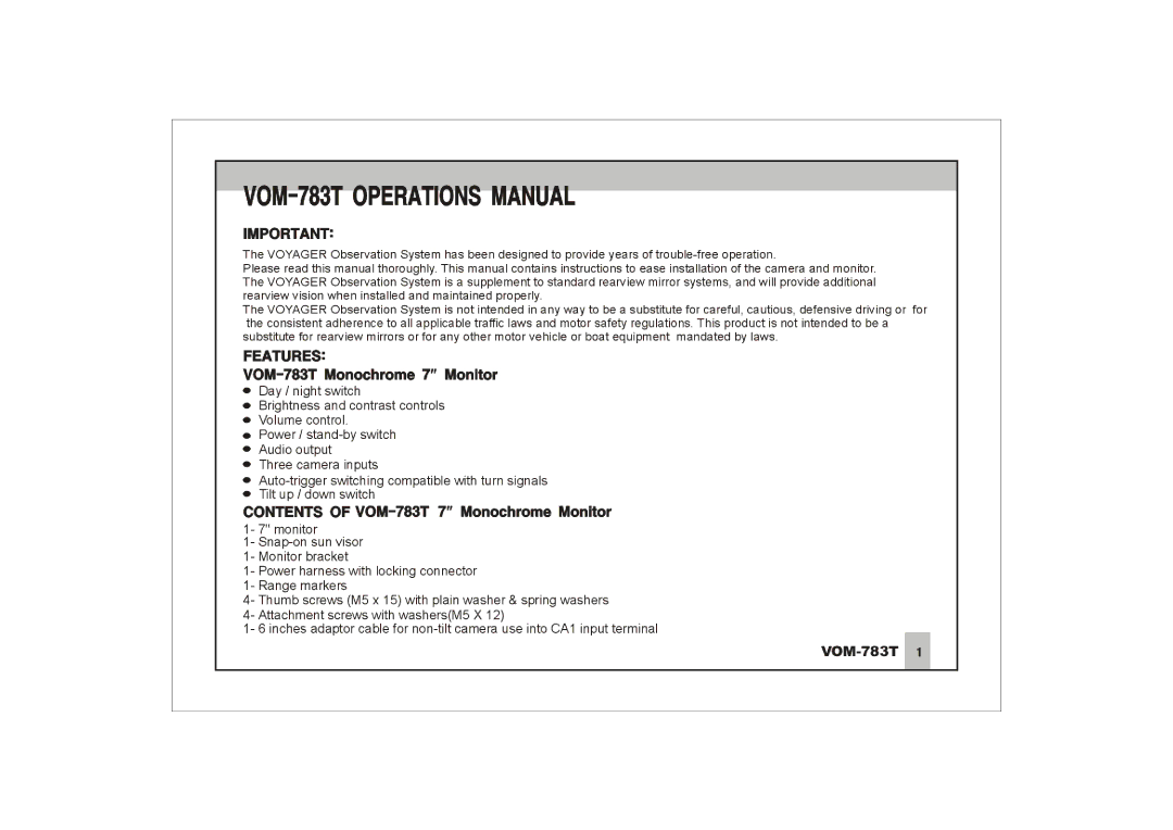 ASA Electronics VOM-783T manual 