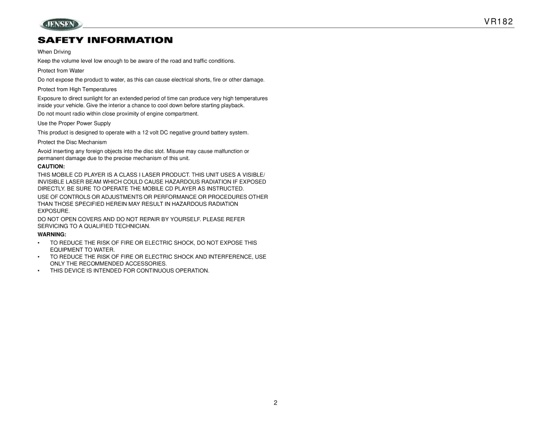 ASA Electronics VR182 operation manual Safety Information 