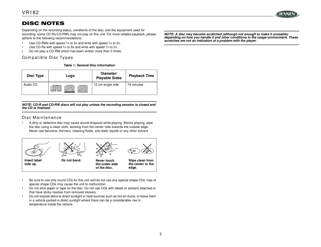 ASA Electronics VR182 operation manual Disc Notes, Compatible Disc Types, Disc Maintenance 