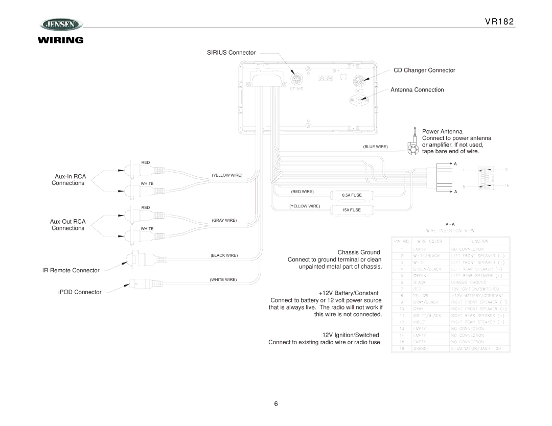 ASA Electronics VR182 operation manual Wiring 