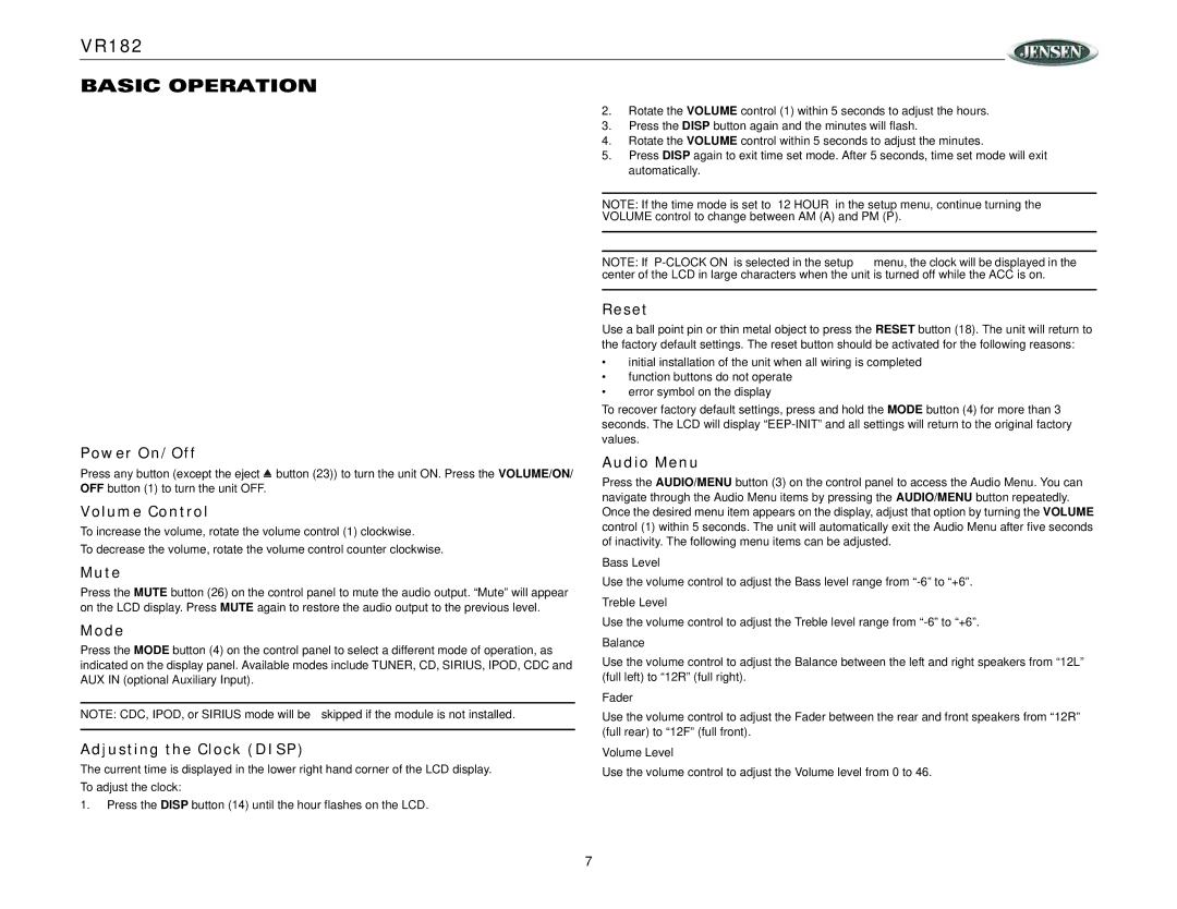 ASA Electronics VR182 operation manual Basic Operation 