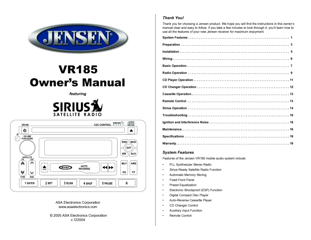 ASA Electronics VR185 owner manual Featuring, Thank You, System Features, ASA Electronics Corporation 122004 