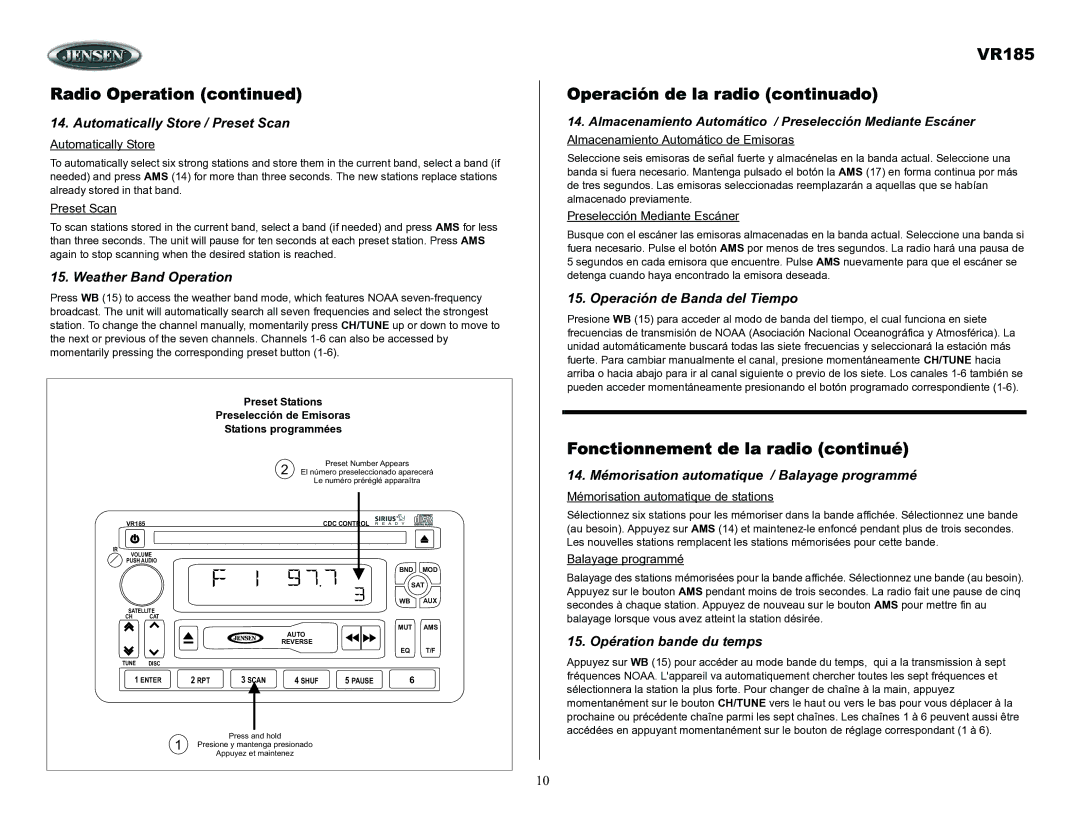 ASA Electronics owner manual VR185 Operación de la radio continuado, Fonctionnement de la radio continué 