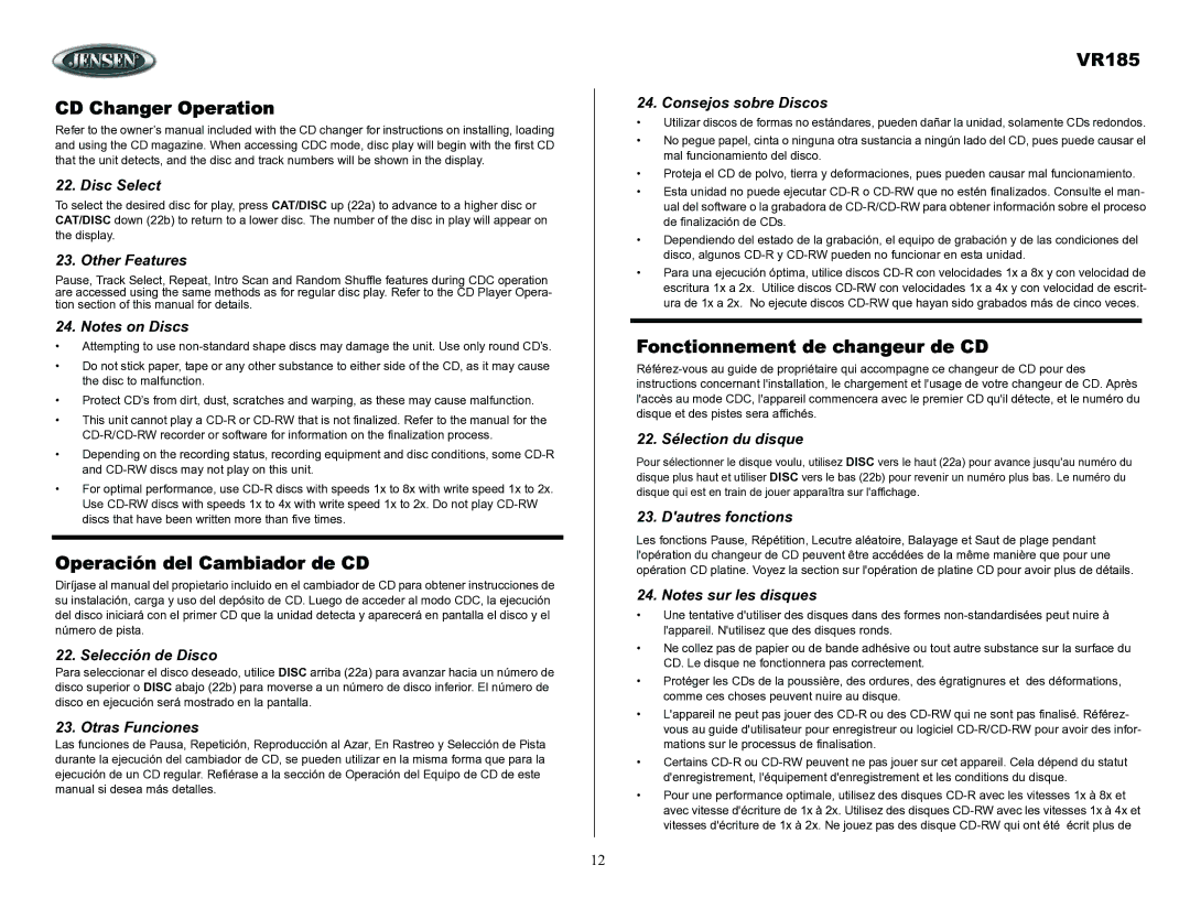 ASA Electronics VR185 owner manual CD Changer Operation, Operación del Cambiador de CD, Fonctionnement de changeur de CD 