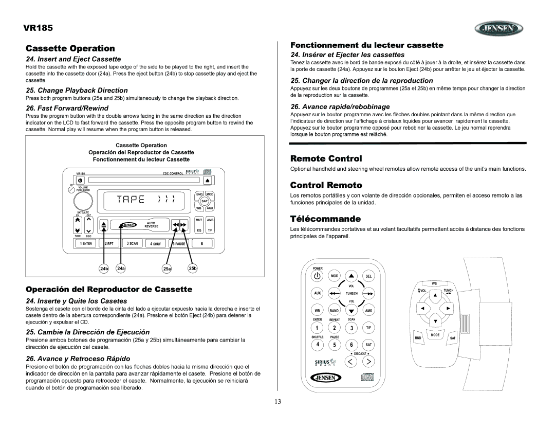 ASA Electronics owner manual VR185 Cassette Operation, Remote Control, Control Remoto, Télécommande 