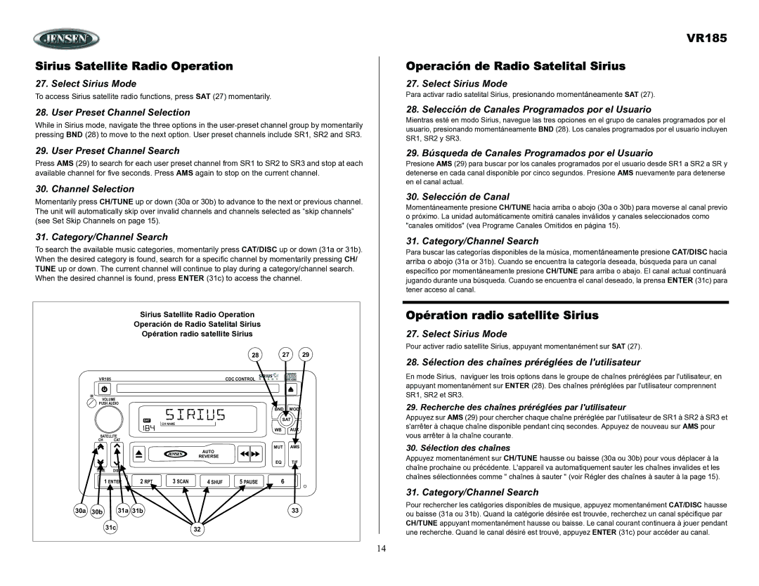 ASA Electronics owner manual Sirius Satellite Radio Operation, VR185 Operación de Radio Satelital Sirius 