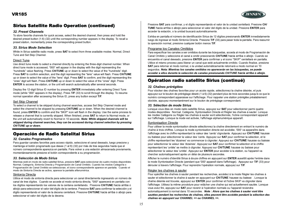 ASA Electronics owner manual VR185 Sirius Satellite Radio Operation, Opération radio satellite Sirius continué 