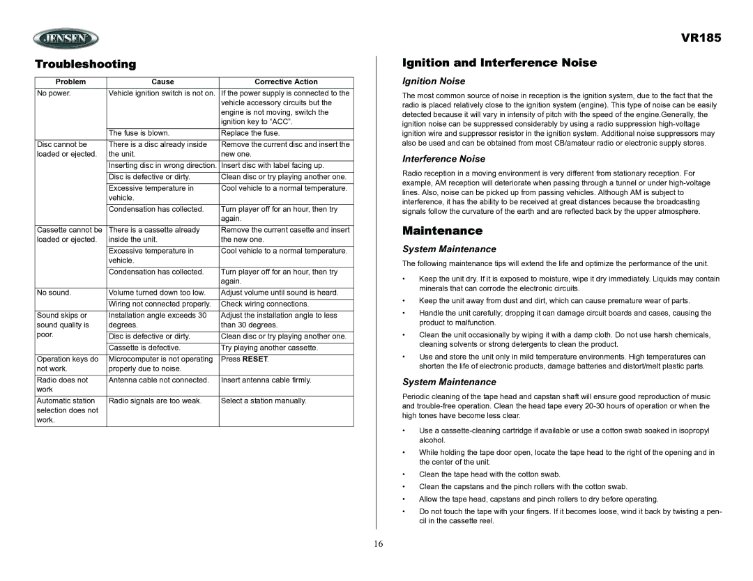 ASA Electronics owner manual Troubleshooting, VR185 Ignition and Interference Noise, Maintenance 