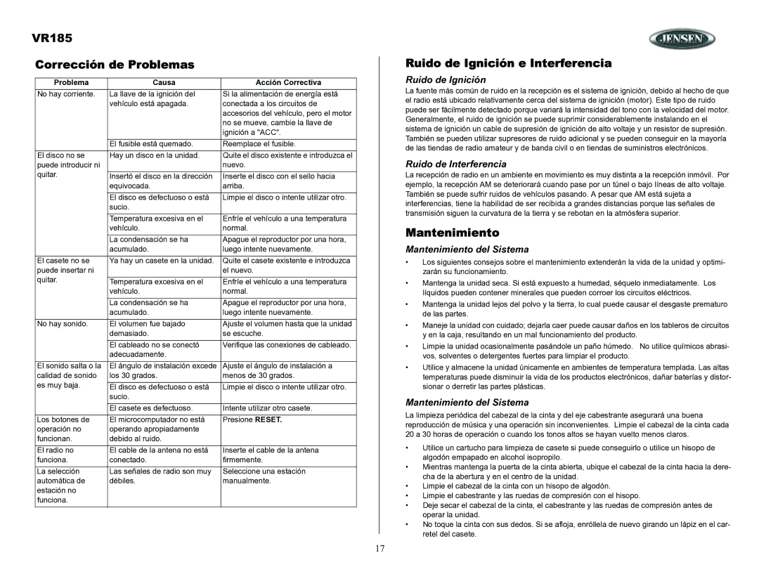 ASA Electronics owner manual VR185 Corrección de Problemas, Ruido de Ignición e Interferencia, Mantenimiento 