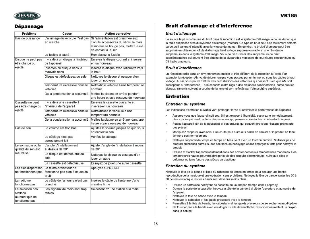 ASA Electronics owner manual Dépannage, VR185 Bruit dallumage et dinterférence, Entretien 