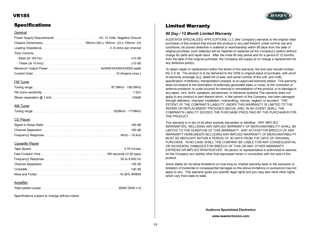 ASA Electronics owner manual VR185 Specifications, Day / 12 Month Limited Warranty 