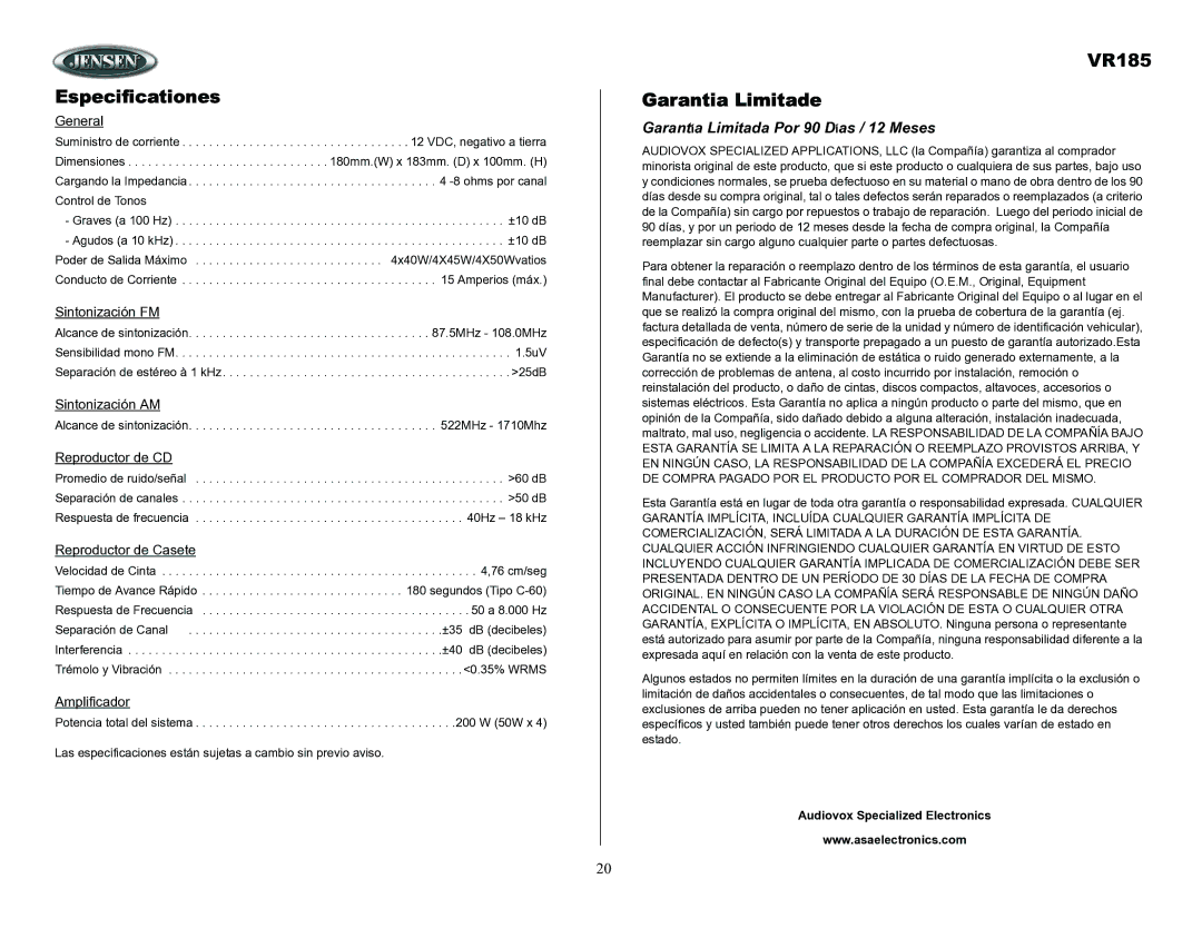 ASA Electronics owner manual Especificationes, VR185 Garantia Limitade, Garantía Limitada Por 90 Días / 12 Meses 