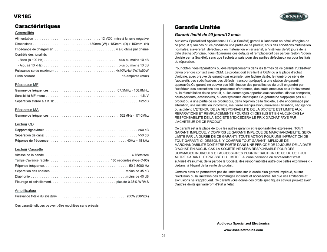 ASA Electronics owner manual VR185 Caractéristiques, Garantie Limitée, Garanti limité de 90 jours/12 mois 