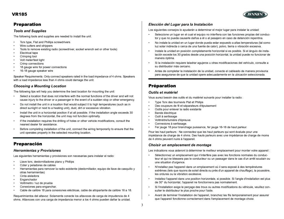 ASA Electronics owner manual VR185 Preparation, Preparación, Préparation 