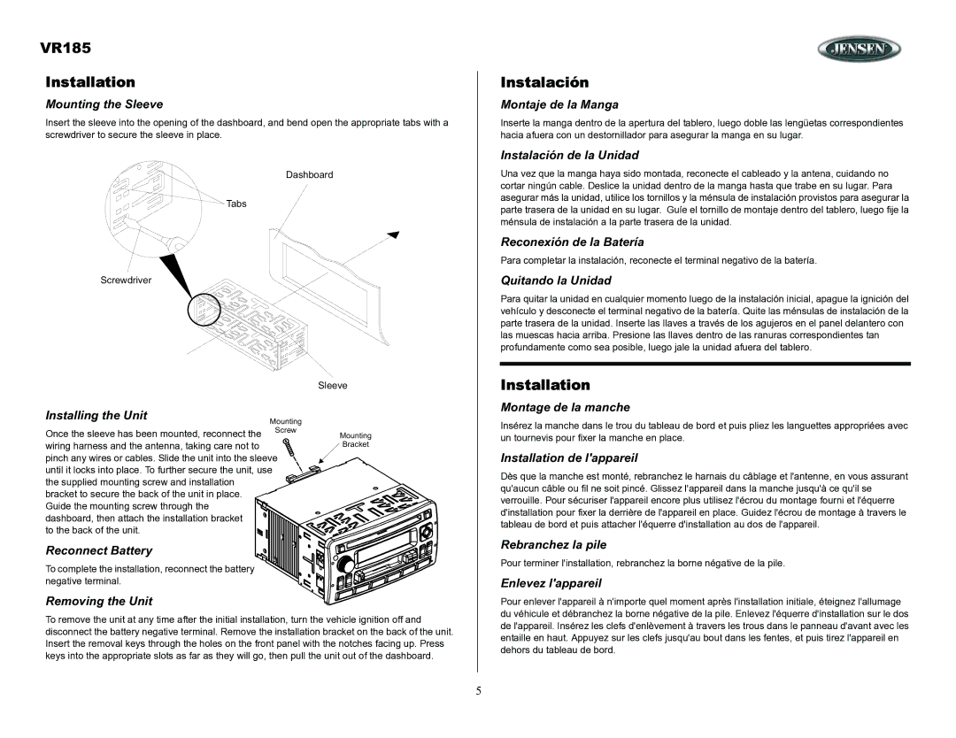 ASA Electronics owner manual VR185 Installation, Instalación 