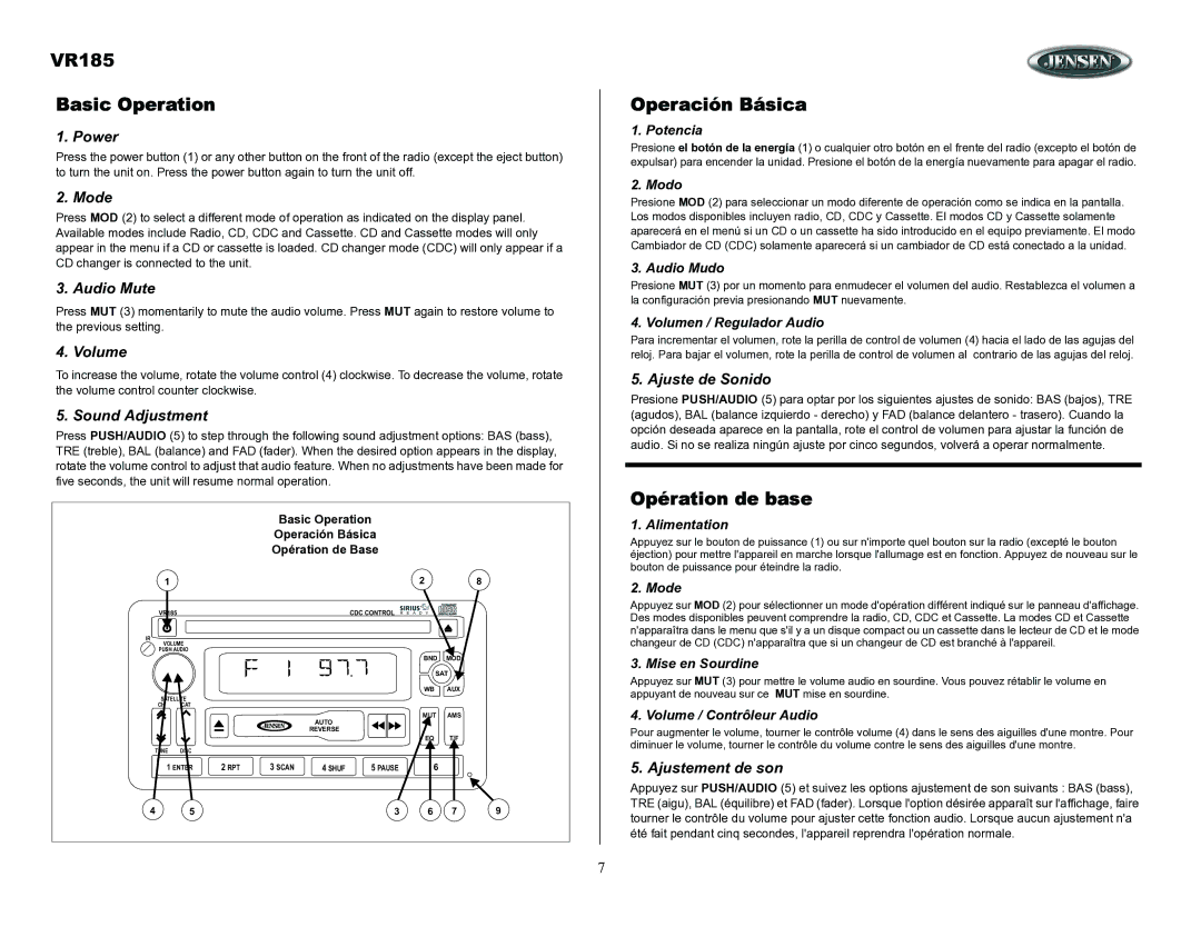 ASA Electronics owner manual VR185 Basic Operation, Operación Básica, Opération de base 