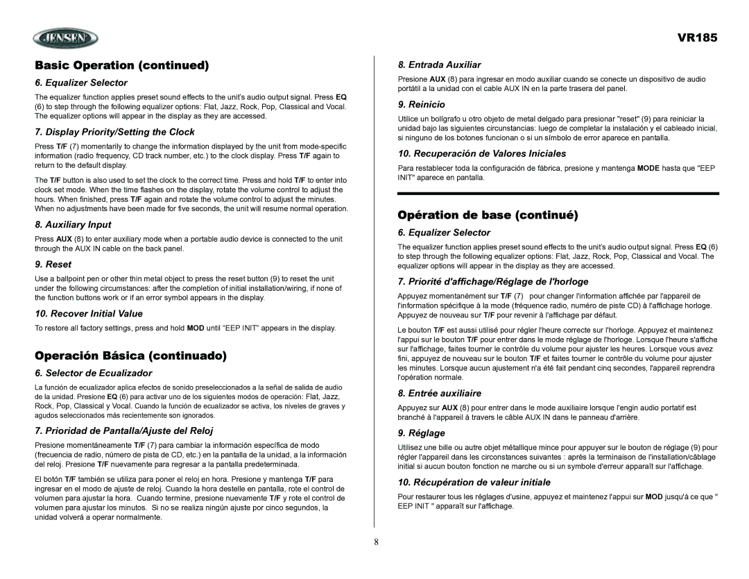 ASA Electronics VR185 owner manual Operación Básica continuado, Opération de base continué 