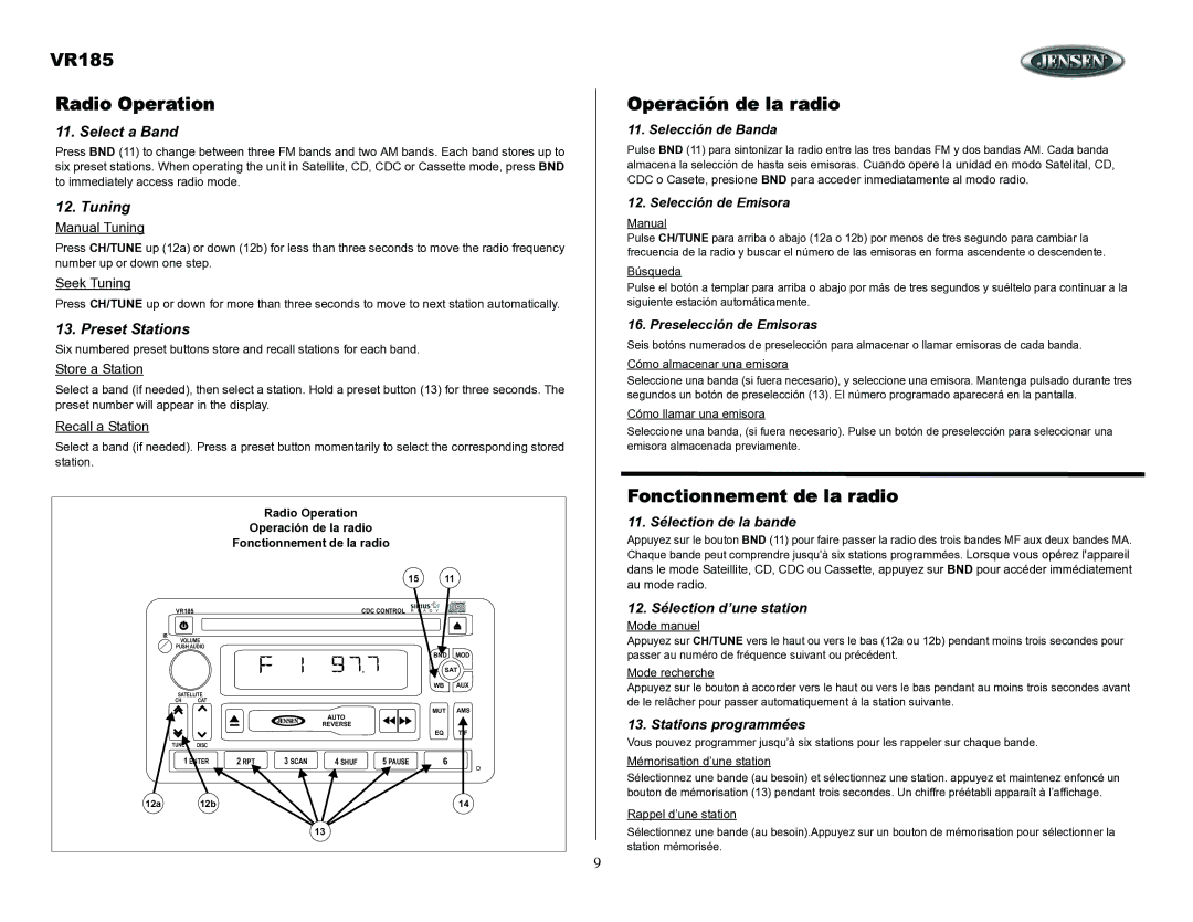 ASA Electronics owner manual VR185 Radio Operation, Operación de la radio, Fonctionnement de la radio 