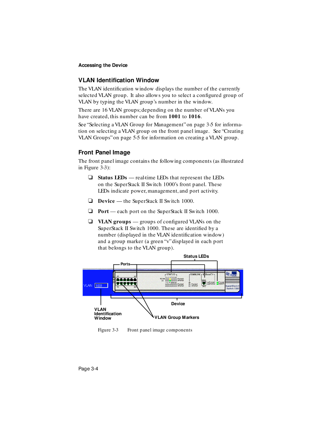 Asante Technologies 1000 user manual Vlan Identiﬁcation Window, Front Panel Image, Status LEDs, Device 