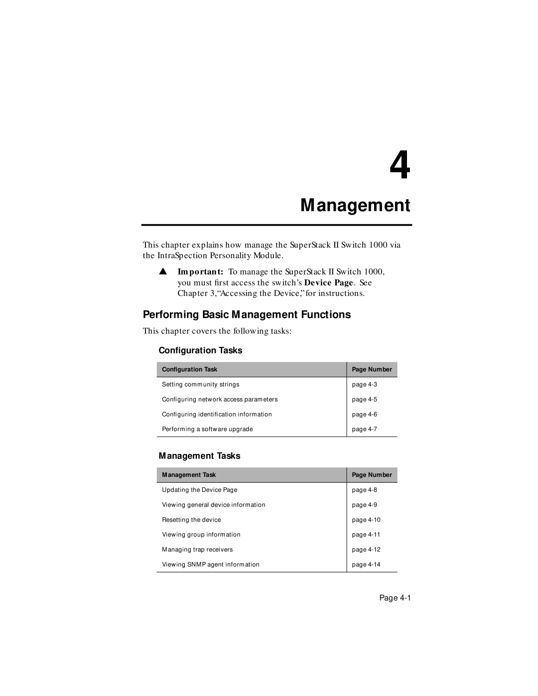 Asante Technologies 1000 user manual Performing Basic Management Functions, Conﬁguration Tasks, Management Tasks 