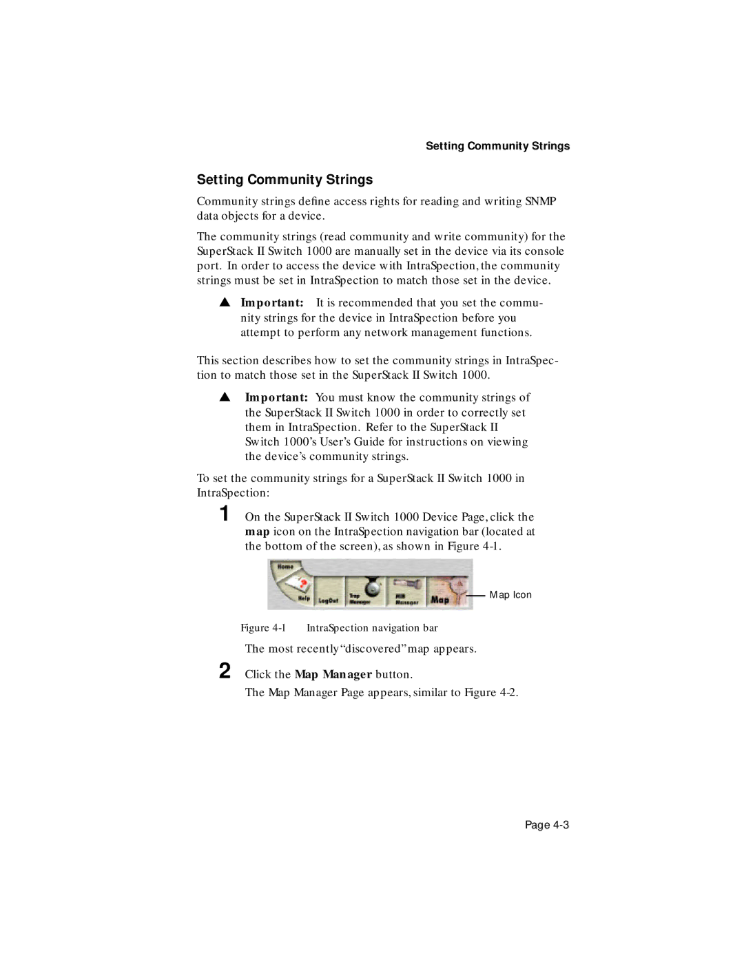 Asante Technologies 1000 user manual Setting Community Strings, IntraSpection navigation bar 