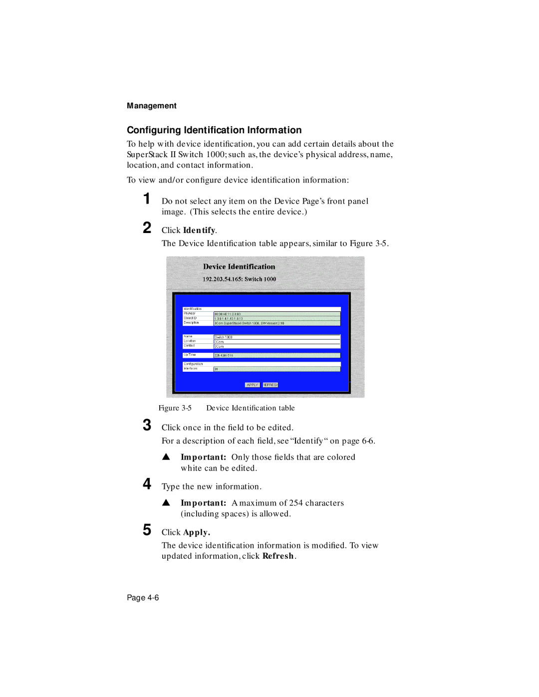 Asante Technologies 1000 user manual Conﬁguring Identiﬁcation Information, Click Identify 