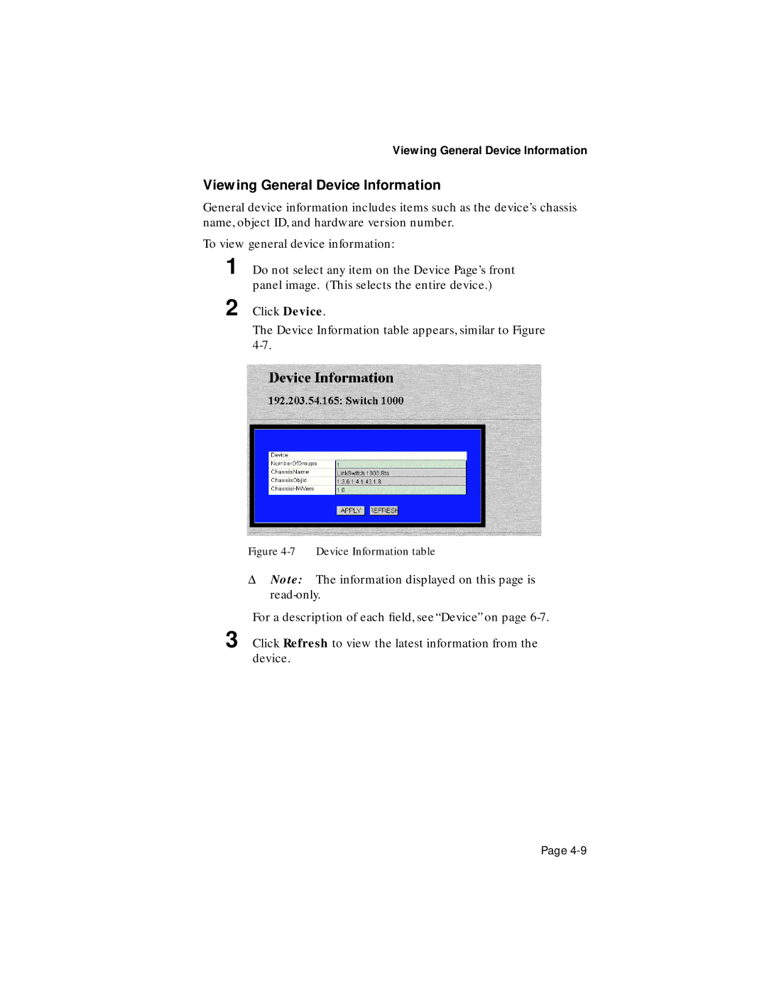 Asante Technologies 1000 user manual Viewing General Device Information, Device Information table 