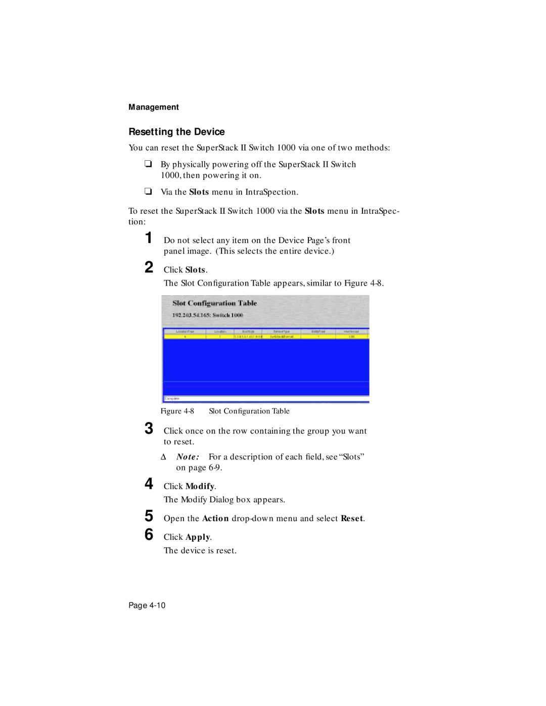 Asante Technologies 1000 user manual Resetting the Device, Slot Conﬁguration Table 