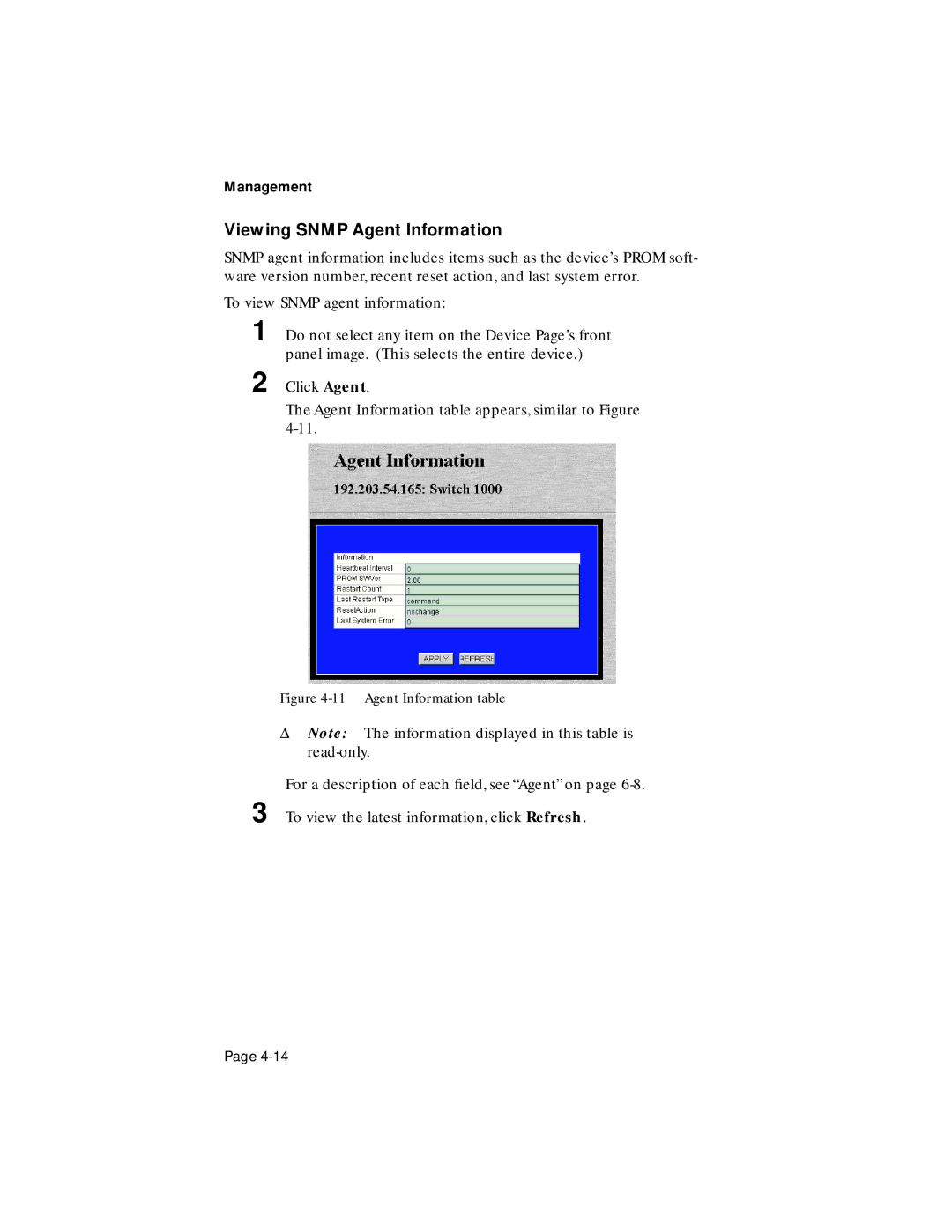 Asante Technologies 1000 user manual Viewing Snmp Agent Information, Agent Information table 