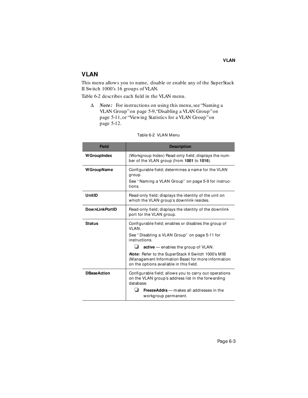 Asante Technologies 1000 user manual Field Description WGroupIndex, WGroupName, UnitID, DownLinkPortID, Status, DBaseAction 