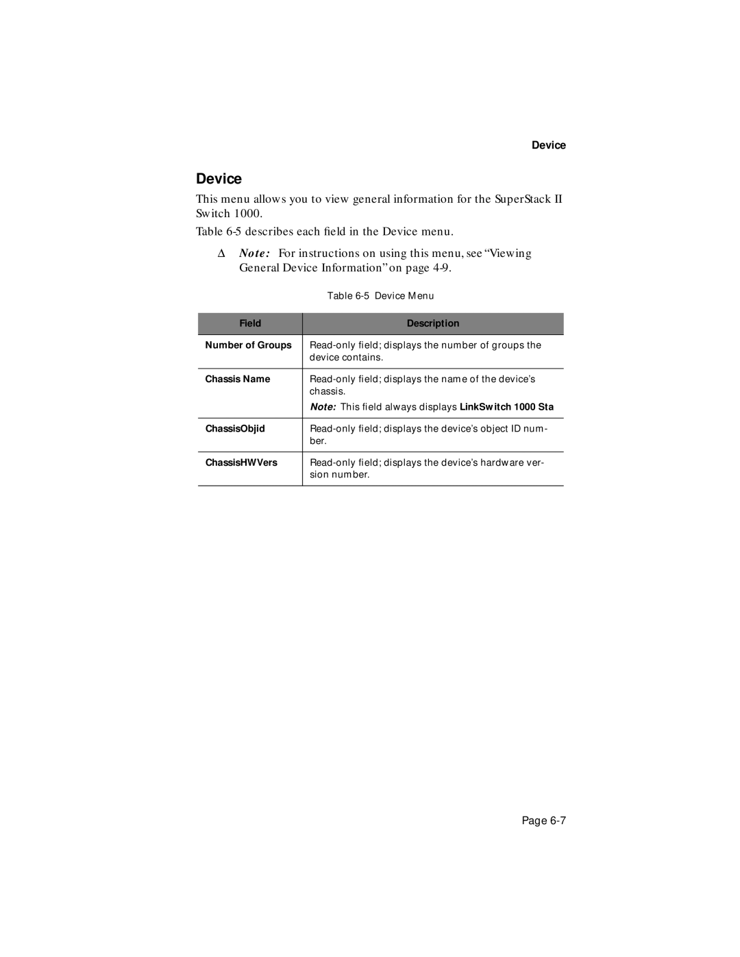 Asante Technologies 1000 user manual Device, Field Description Number of Groups, Chassis Name, ChassisObjid, ChassisHWVers 