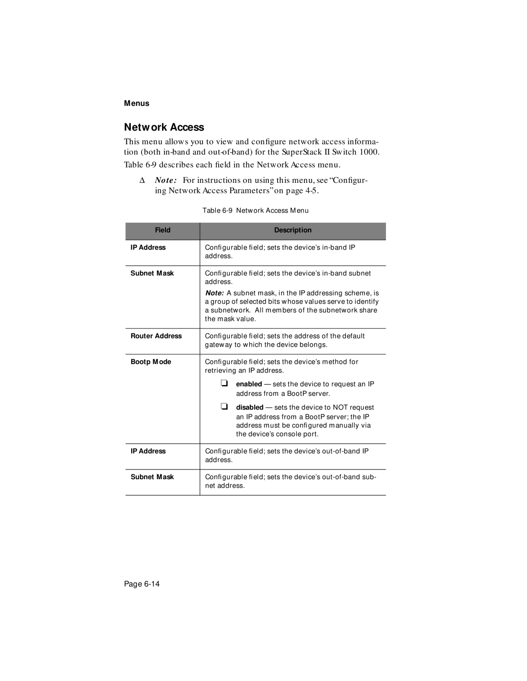 Asante Technologies 1000 user manual Network Access, Field Description IP Address, Subnet Mask, Router Address, Bootp Mode 