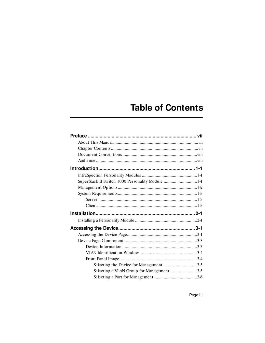Asante Technologies 1000 user manual Table of Contents, Preface, Introduction, Installation, Accessing the Device 