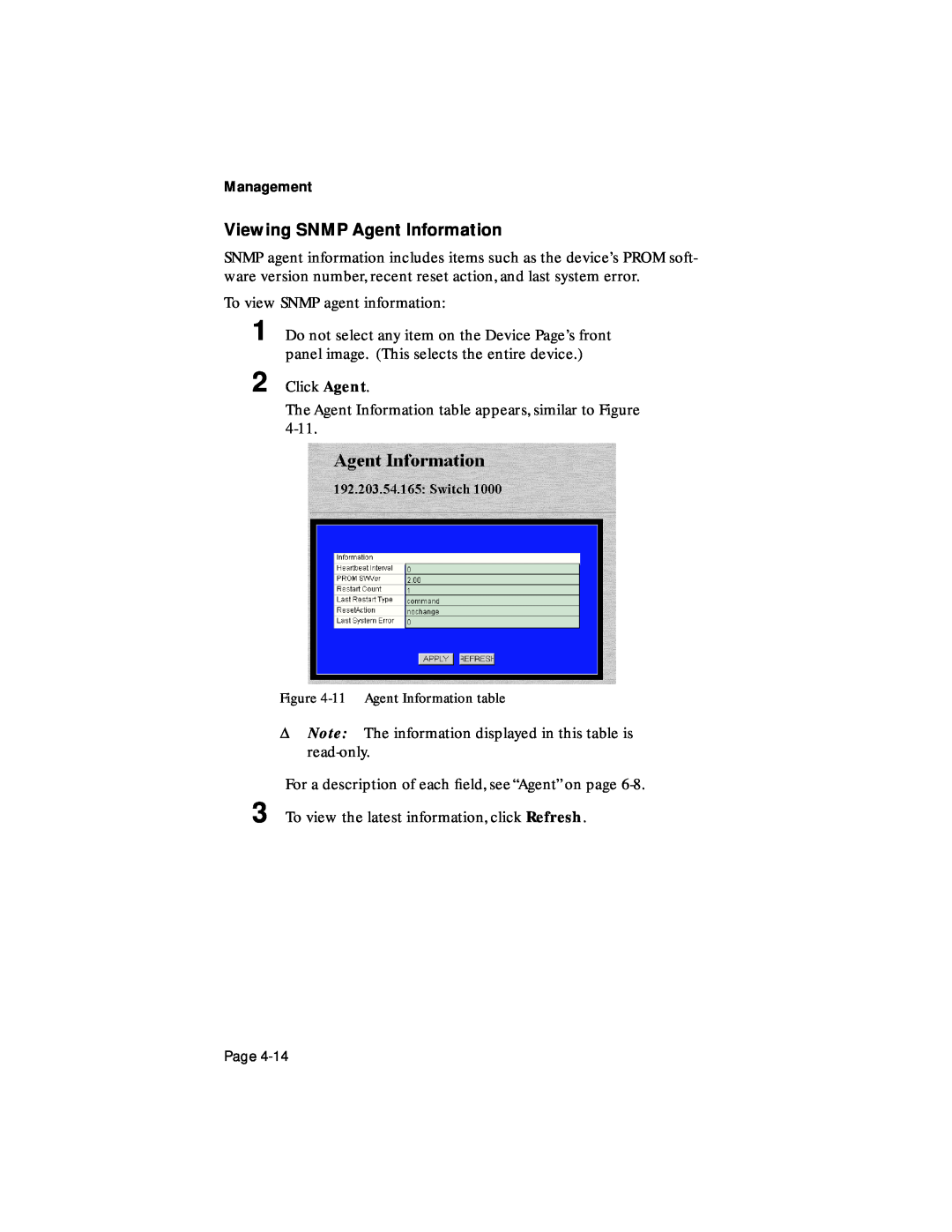 Asante Technologies 1000 user manual Viewing SNMP Agent Information, 11 Agent Information table 