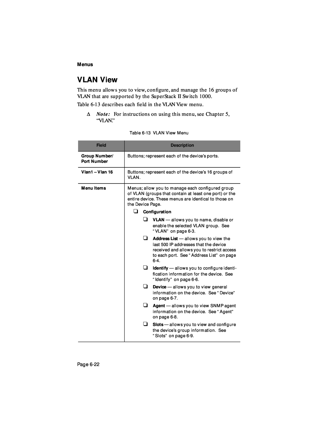 Asante Technologies 1000 user manual 13 describes each ﬁeld in the VLAN View menu, Menus, Page 