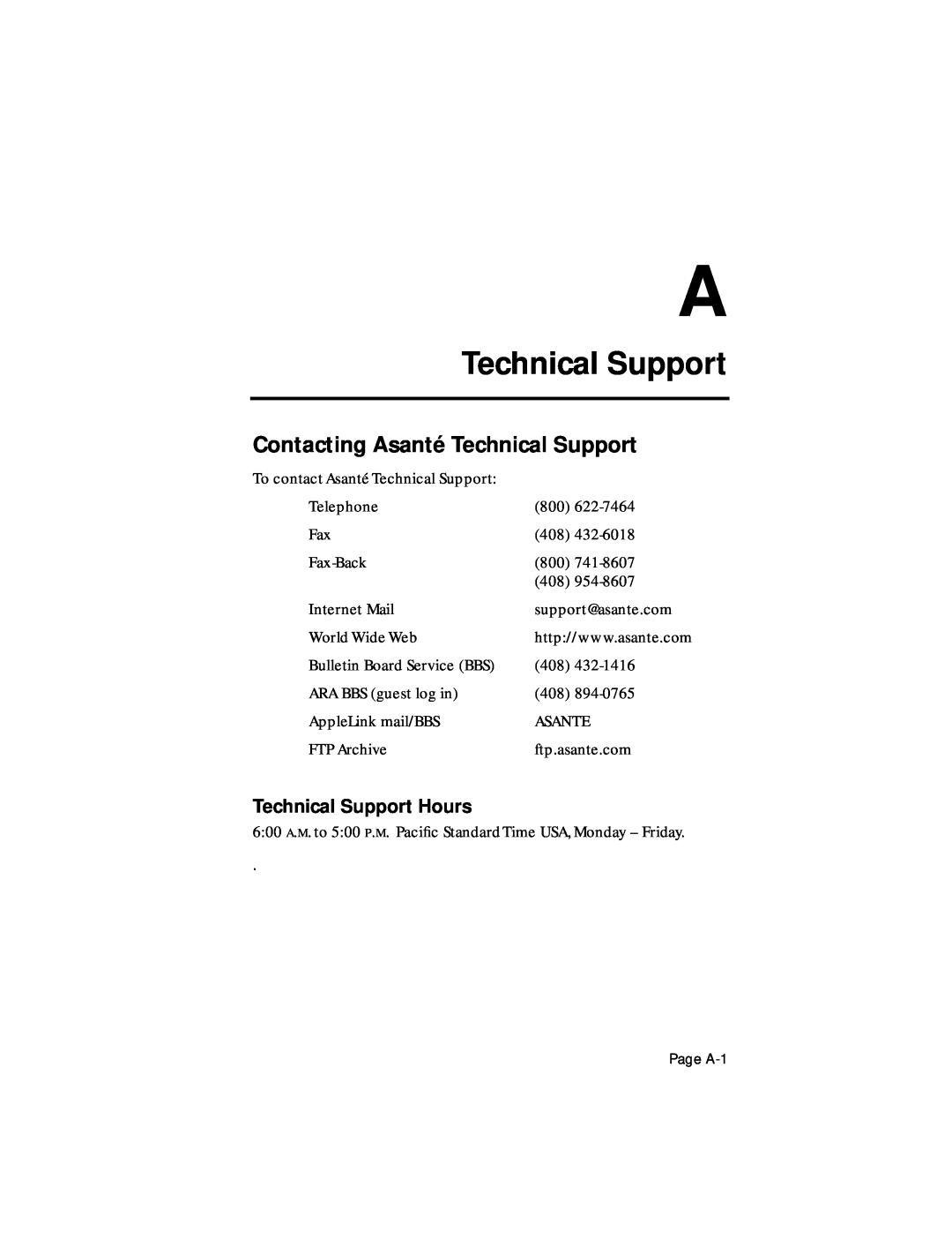 Asante Technologies 1000 user manual Contacting Asanté Technical Support, Technical Support Hours 