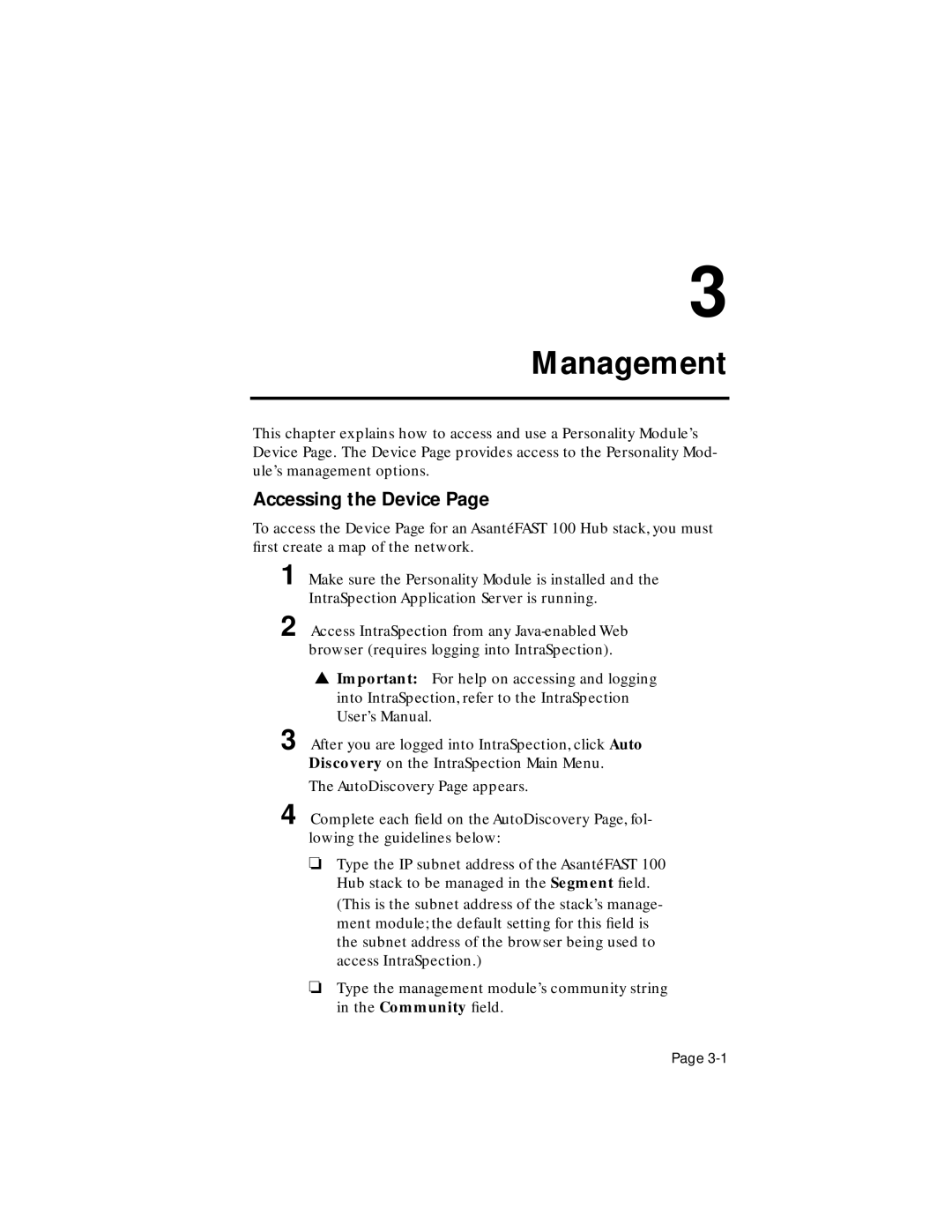 Asante Technologies 100TX user manual Management, Accessing the Device 