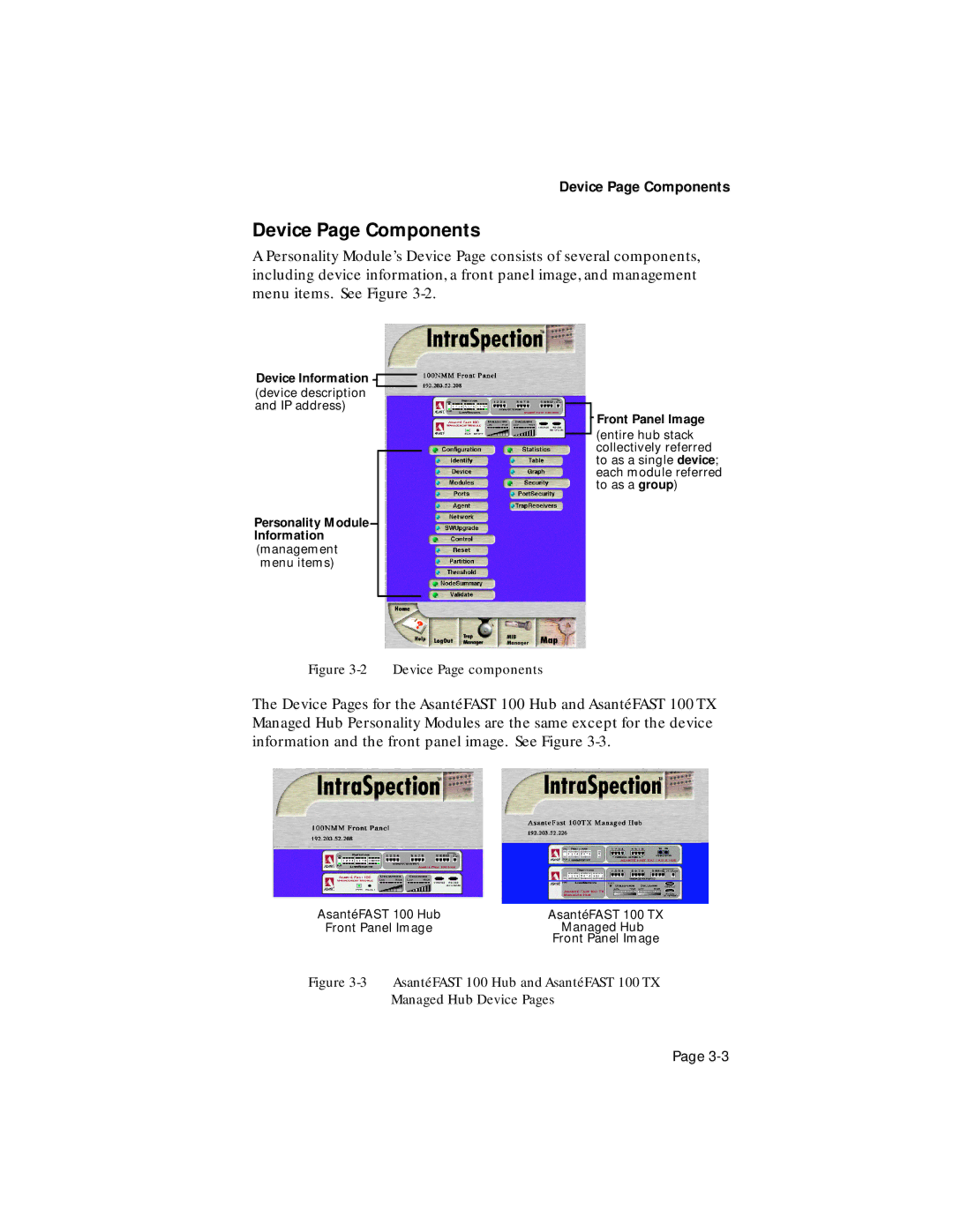 Asante Technologies 100TX user manual Device Page Components, Device Information, Personality Module Information 