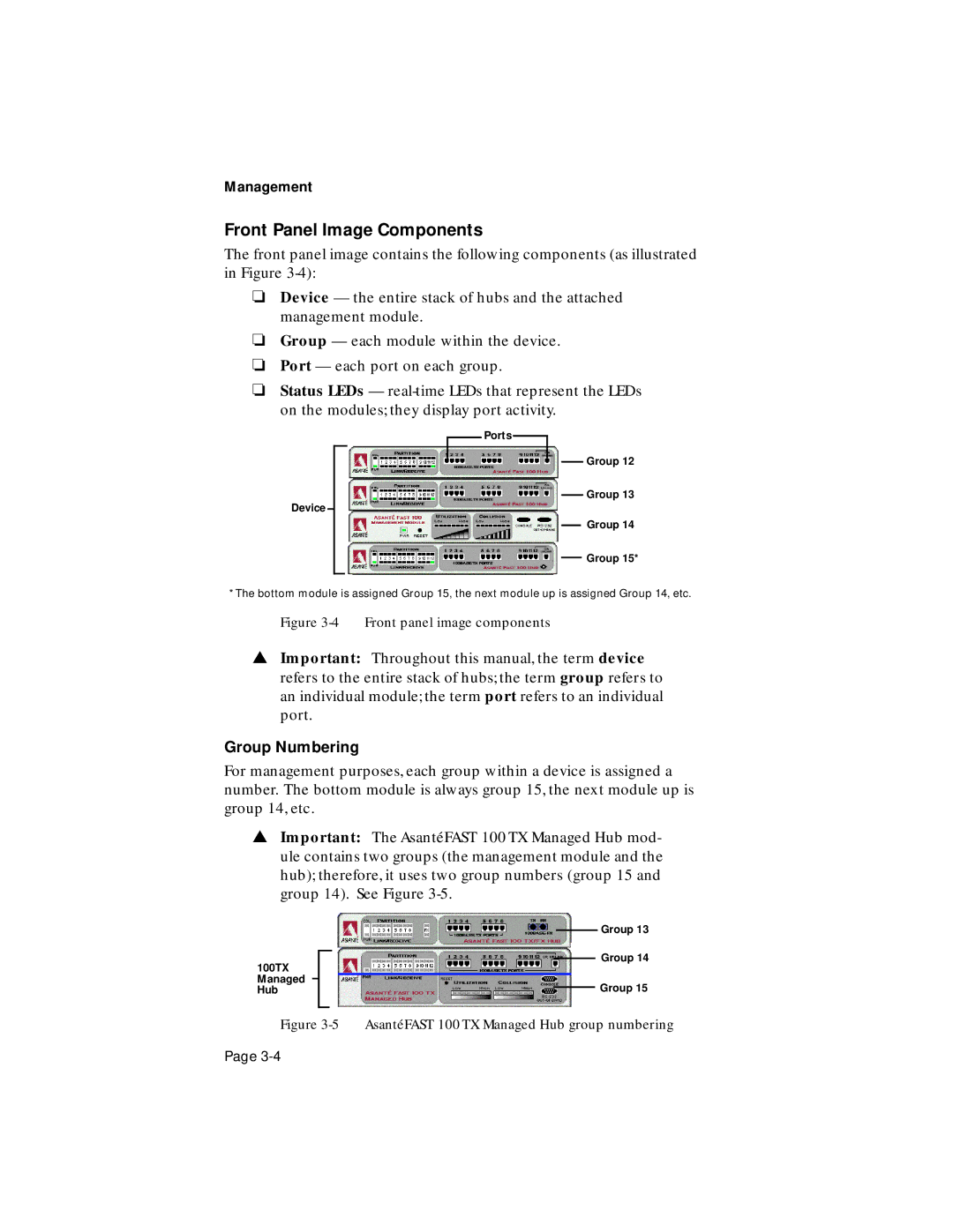 Asante Technologies 100TX user manual Front Panel Image Components, Group Numbering 