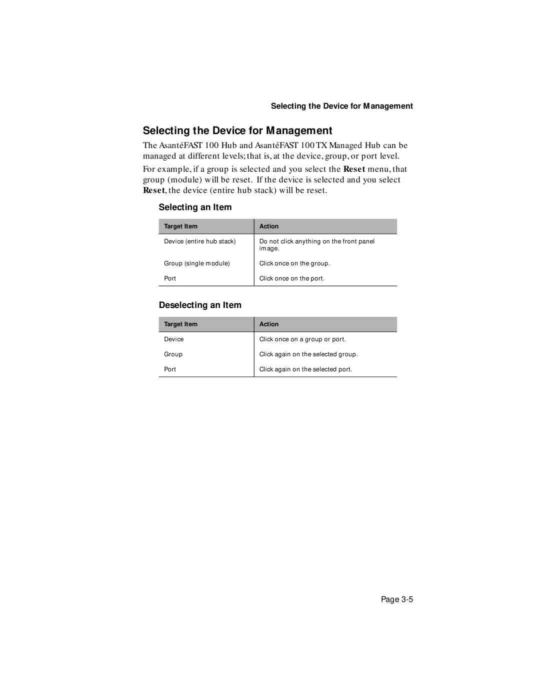 Asante Technologies 100TX user manual Selecting the Device for Management, Selecting an Item 