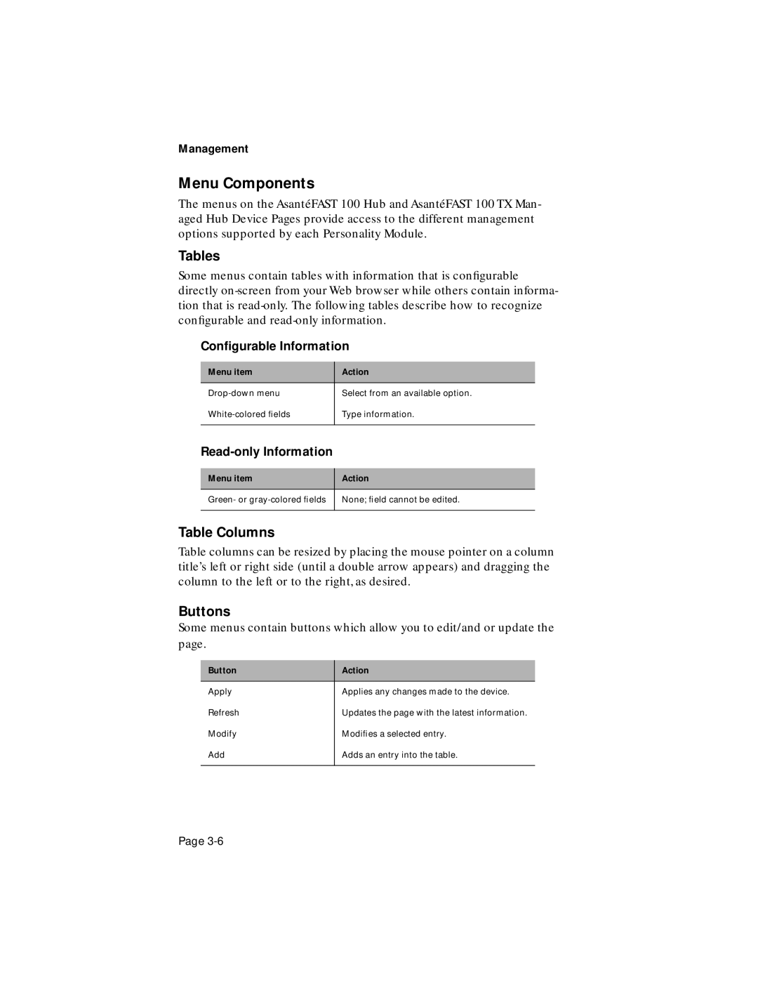 Asante Technologies 100TX user manual Menu Components, Tables, Table Columns, Buttons 