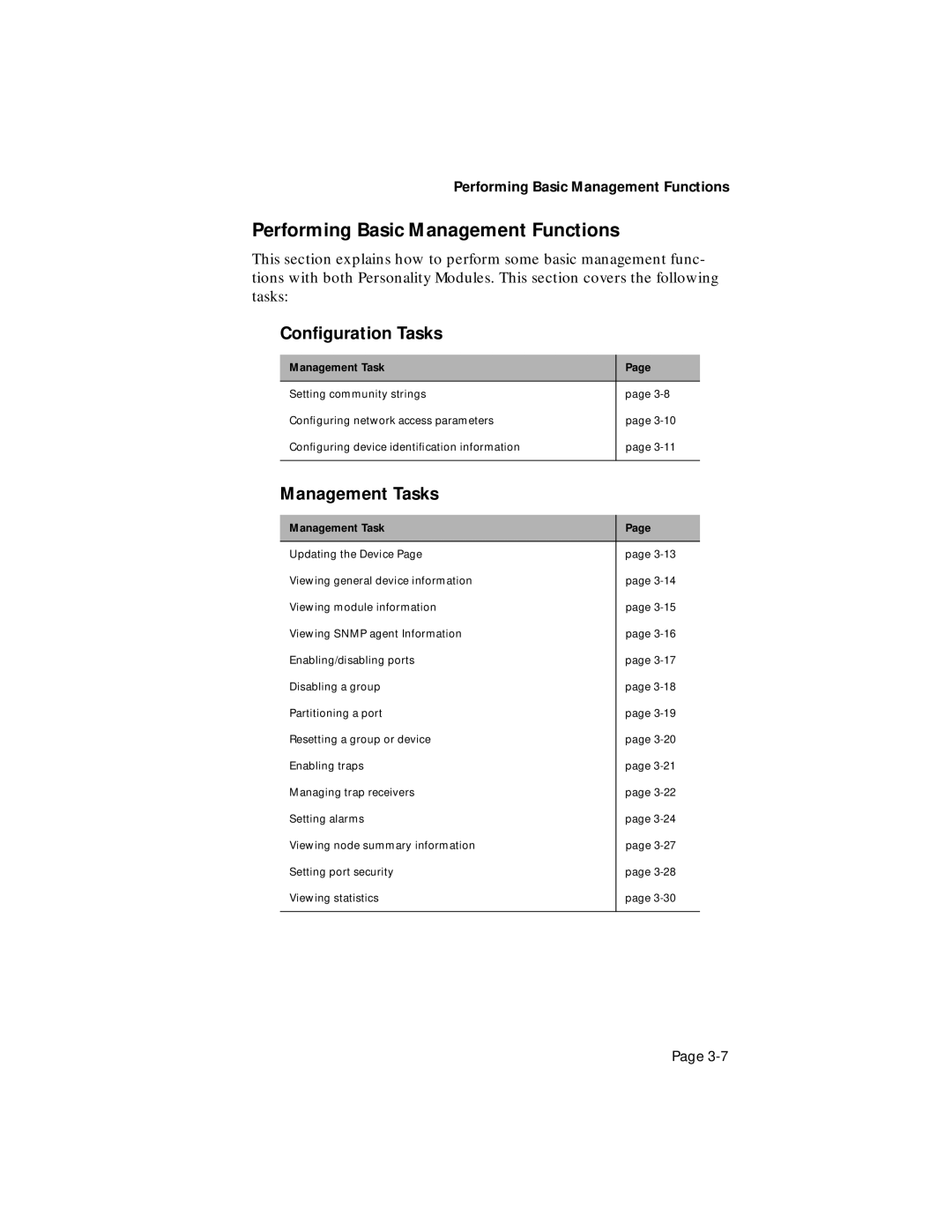 Asante Technologies 100TX user manual Performing Basic Management Functions, Conﬁguration Tasks, Management Tasks 